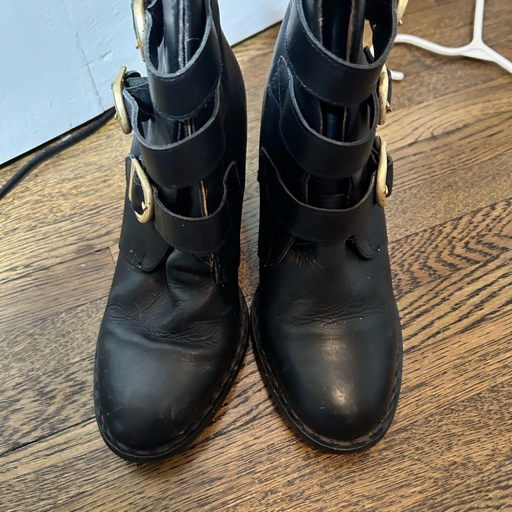 Topshop Black Ankle Boots with Gold Buckles